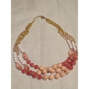 Pink & White Beaded Multi Strand Gold Tone Necklace